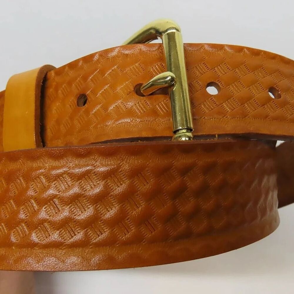 37" Handmade 100% cow hide brown leather belt basket weave embossed brass A